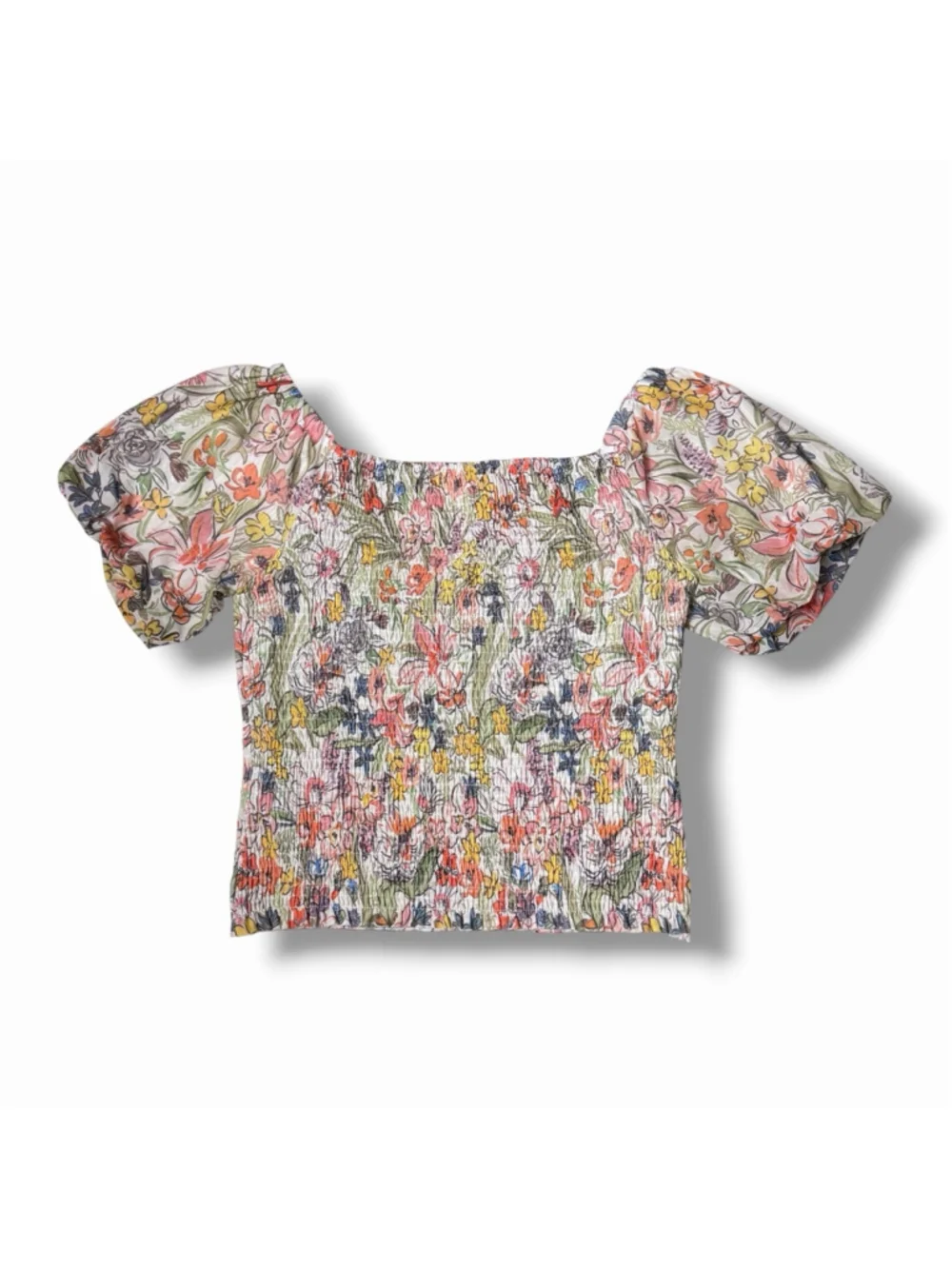 Anthropologie Aurelia Smocked Floral Puff Sleeve Top L Boho Fairycore Cottage